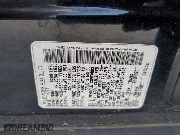 2011 Nissan Murano z VIN JN8AZ1FY9BW002475, wystawiony jako Copart lot #77491514 z przebiegiem 249 950 mil mil oraz Nie do naprawy • Non repairable. Historia ofert i sprzedaży dostępna na DreamBid. Obrazek 14.