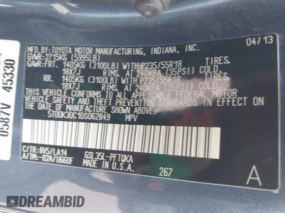 2013 Toyota Sienna XLE with VIN 5TDDK3DC1DS062849, listed as a IAAI auction lot 41510296 with 100,178 mi miles and . Bid and sale history available at DreamBid. Image 9.
