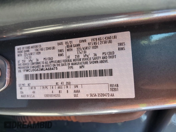 2021 Ford Escape SE with VIN 1FMCU0G63MUA68475, listed as a Copart auction lot 56896515 with 52,758 mi miles and Salvage title. Bid and sale history available at DreamBid. Image 14.