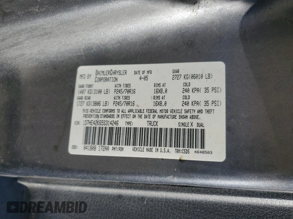 2005 Dodge Dakota SLT with VIN 1D7HE42K65S314246, listed as a Copart auction lot 42402995 with 189,197 mi miles and Salvage Title. Bid and sale history available at carsss.com. Image 12.