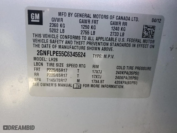 2012 Chevrolet Equinox LT w/2LT with VIN 2GNFLPE55C6345624, listed as a Copart auction lot 77169244 with 144,905 mi miles and Salvage Title. Bid and sale history available at carsss.com. Image 13.