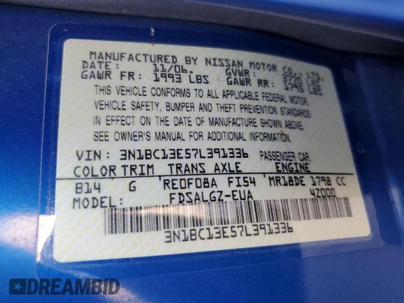 2007 Nissan Versa 1.8 S with VIN 3N1BC13E57L391336, listed as a Copart auction lot 46188905 with 182,540 mi miles and Salvage Title. Bid and sale history available at carsss.com. Image 12.