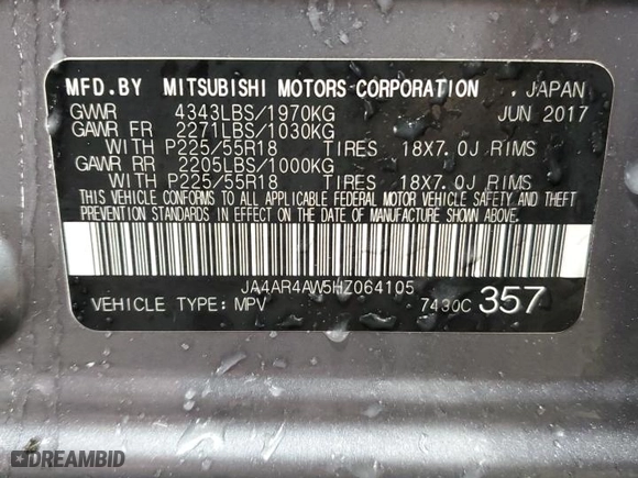 2017 Mitsubishi Outlander Sport SEL 2.4 with VIN JA4AR4AW5HZ064105, listed as a Copart auction lot 89061885 with 108,836 mi miles and Salvage Title. Bid and sale history available at carsss.com. Image 14.