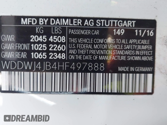 2017 Mercedes-Benz C 300 with VIN WDDWJ4JB4HF497888, listed as a IAAI auction lot 41273555 with 67,826 mi miles and . Bid and sale history available at carsss.com. Image 9.