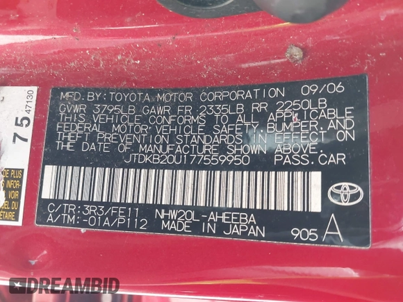 2007 Toyota Prius with VIN JTDKB20U177559950, listed as a IAAI auction lot 42071978 with 1 mi miles. Bid and sale history available at carsss.com. Image 9.