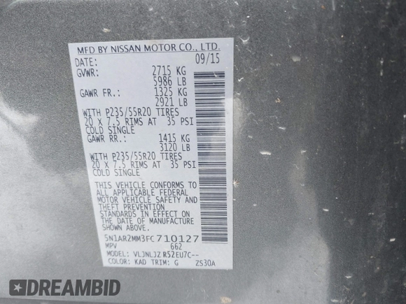 2015 Nissan Pathfinder Platinum with VIN 5N1AR2MM3FC710127, listed as a IAAI auction lot 41617867 with 112,020 mi miles and . Bid and sale history available at DreamBid. Image 9.