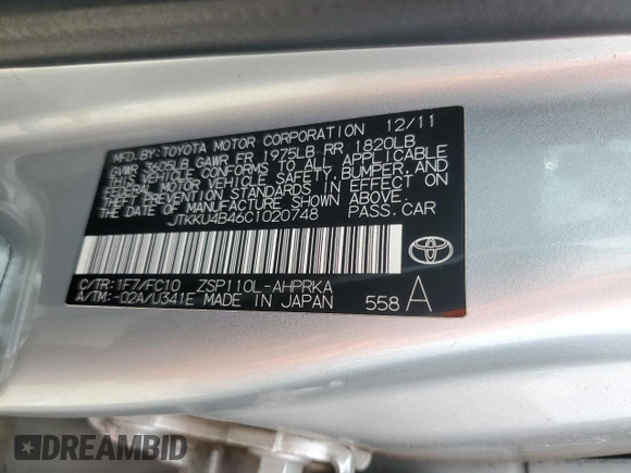 2012 Scion xD with VIN JTKKU4B46C1020748, listed as a Copart auction lot 58634835 with 141,876 mi miles and Salvage title. Bid and sale history available at DreamBid. Image 12.