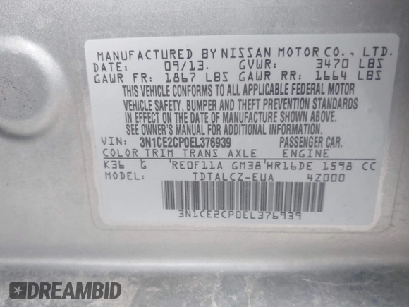 2014 Nissan Note SV with VIN 3N1CE2CP0EL376939, listed as a IAAI auction lot 41901332 with 138,457 mi miles and . Bid and sale history available at DreamBid. Image 9.