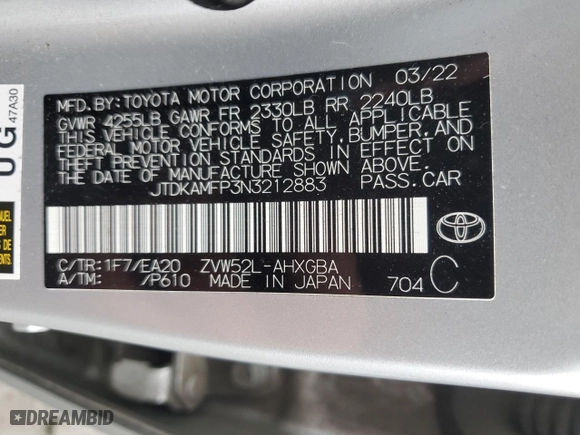 2022 Toyota Prius Prime LE with VIN JTDKAMFP3N3212883, listed as a Copart auction lot 43660065 with NaN miles and Salvage Title. Bid and sale history available at carsss.com. Image 12.