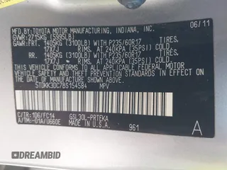 2011 Toyota Sienna LE AAS with VIN 5TDKK3DC7BS154584, listed as a IAAI auction lot 42013919 with 155,071 mi miles and . Bid and sale history available at DreamBid. Image 9.