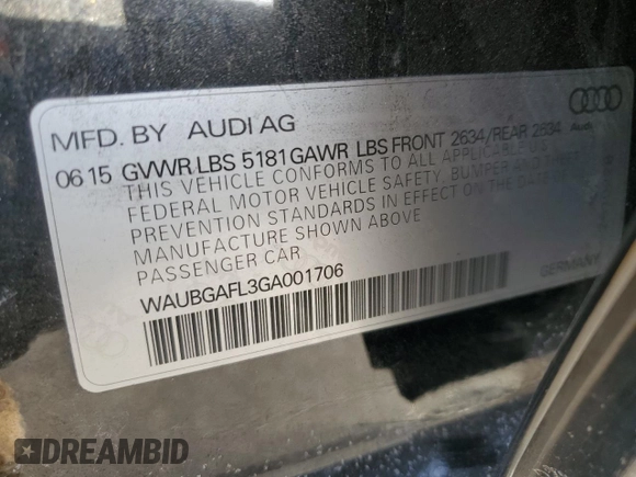 2016 Audi S4 Premium Plus with VIN WAUBGAFL3GA001706, listed as a Copart auction lot 87607535 with 125,466 mi miles and Salvage Title. Bid and sale history available at carsss.com. Image 12.