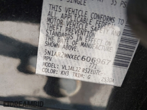 2014 Nissan Pathfinder S with VIN 5N1AR2MNXEC606967, listed as a IAAI auction lot 41641788 with 191,193 mi miles and . Bid and sale history available at DreamBid. Image 9.