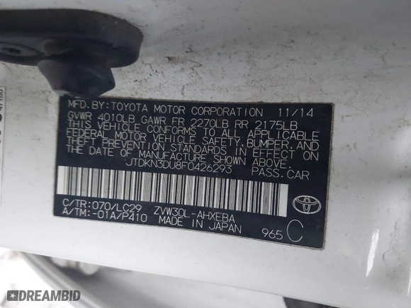 2015 Toyota Prius Four with VIN JTDKN3DU8F0426293, listed as a IAAI auction lot 41674070 with 140,152 mi miles. Bid and sale history available at carsss.com. Image 9.