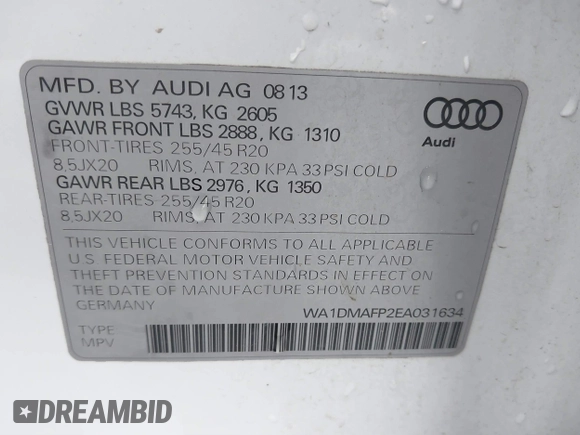 2014 Audi Q5 Premium Plus with VIN WA1DMAFP2EA031634, listed as a IAAI auction lot 41499664 with 137,842 mi miles and . Bid and sale history available at DreamBid. Image 9.