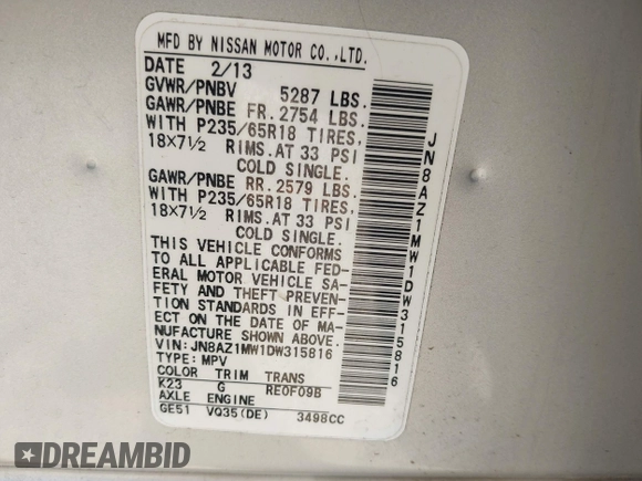 2013 Nissan Murano SV with VIN JN8AZ1MW1DW315816, listed as a IAAI auction lot 42099720 with 94,701 mi miles and . Bid and sale history available at DreamBid. Image 9.