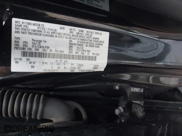 2013 Ford Focus SE with VIN 1FADP3F22DL308840, listed as a IAAI auction lot 42727900 with 112,694 mi miles and . Bid and sale history available at DreamBid. Image 9.