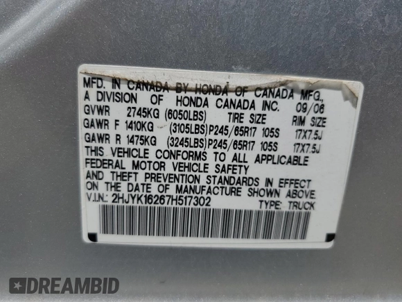 2007 Honda Ridgeline RT with VIN 2HJYK16267H517302, listed as a Copart auction lot 57607935 with Not provided miles and Salvage title. Bid and sale history available at DreamBid. Image 13.