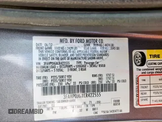 2012 Ford Fusion SEL with VIN 3FAHP0JGXCR422555, listed as a Copart auction lot 61543625 with 105,762 mi miles and Clean title. Bid and sale history available at DreamBid. Image 12.