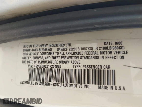 2001 Subaru Legacy Outback Limited with VIN 4S3BE686217204880, listed as a IAAI auction lot 42485485 with 280,475 mi miles and . Bid and sale history available at DreamBid. Image 9.