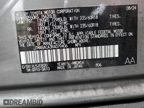 2024 Toyota bZ4X XLE with VIN JTMABACA3RA079406, listed as a Copart auction lot 56758445 with 3,483 mi miles and Salvage title. Bid and sale history available at DreamBid. Image 13.