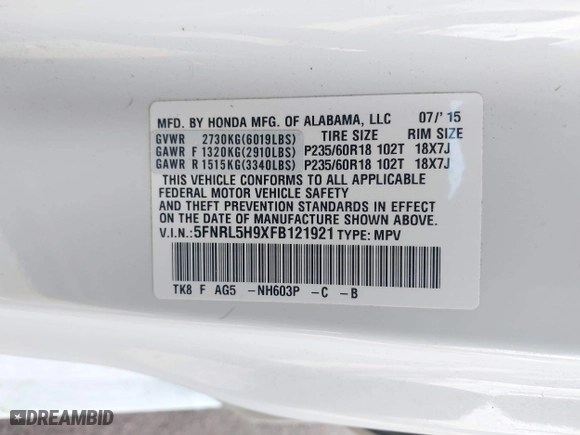 2015 Honda Odyssey Touring Elite with VIN 5FNRL5H9XFB121921, listed as a IAAI auction lot 41858551 with 61,506 mi miles. Bid and sale history available at carsss.com. Image 9.