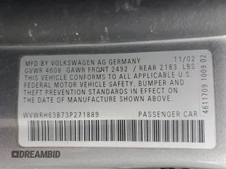 2003 Volkswagen Passat GLX z VIN WVWRH63B73P271889, wystawiony jako Copart lot #57166465 z przebiegiem 56 457 mil mil oraz Szkoda całkowita • Salvage title. Historia ofert i sprzedaży dostępna na DreamBid. Obrazek 13.