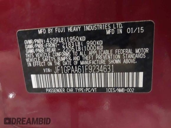 2015 Subaru Impreza 2.0i z VIN JF1GPAA61F9234631, wystawiony jako IAAI lot #41513883 z przebiegiem 133 937 mil mil oraz . Historia ofert i sprzedaży dostępna na DreamBid. Obrazek 9.