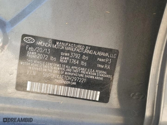 2013 Hyundai Elantra GLS with VIN 5NPDH4AE1DH297221, listed as a Copart auction lot 48700445 with 121,720 mi miles and Salvage Title. Bid and sale history available at carsss.com. Image 12.