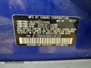 2022 Subaru WRX GT with VIN JF1VBAU68N8024310, listed as a Copart auction lot 52192135 with 45,240 mi miles and Salvage title. Bid and sale history available at DreamBid. Image 13.