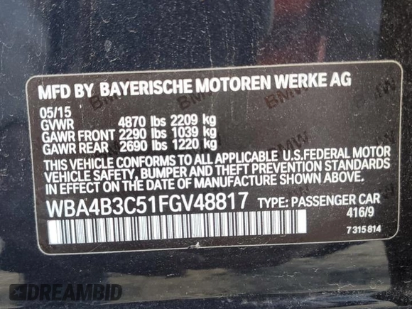 2015 BMW 4 Series 435i xDrive with VIN WBA4B3C51FGV48817, listed as a Copart auction lot 52997265 with 77,812 mi miles and Salvage Title. Bid and sale history available at DreamBid. Image 14.