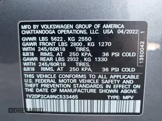 2022 Volkswagen Atlas SE with VIN 1V2DP2CA9NC533465, listed as a IAAI auction lot 41108974 with 74,684 mi miles and . Bid and sale history available at DreamBid. Image 7.