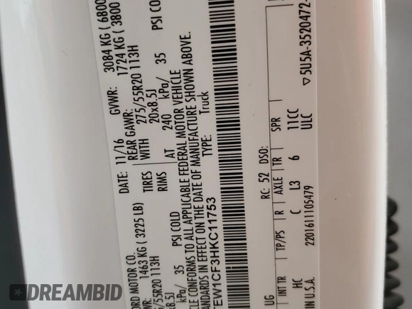 2017 Ford F-150 XL z VIN 1FTEW1CF3HKC11753, wystawiony jako Copart lot #56251635 z przebiegiem 91 424 mil mil oraz Szkoda całkowita • Salvage title. Historia ofert i sprzedaży dostępna na DreamBid. Obrazek 12.