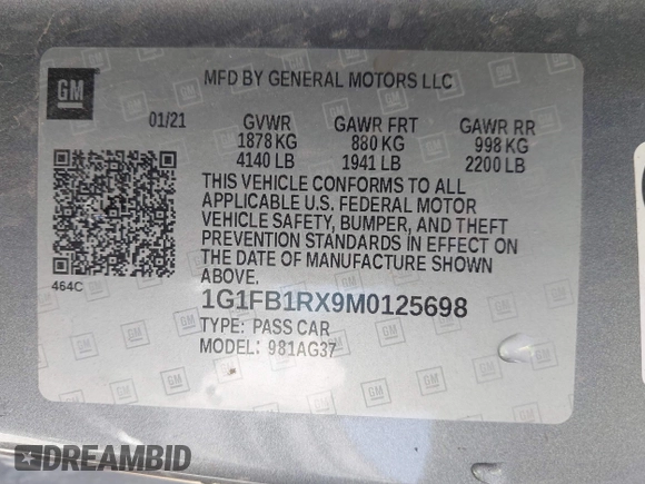 2021 Chevrolet Camaro 1LT z VIN 1G1FB1RX9M0125698, wystawiony jako IAAI lot #41824653 z przebiegiem 69 365 mil mil oraz . Historia ofert i sprzedaży dostępna na DreamBid. Obrazek 9.