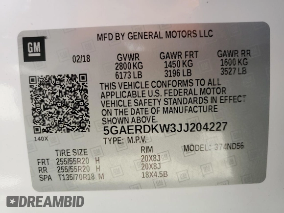 2018 Buick Enclave Avenir with VIN 5GAERDKW3JJ204227, listed as a Copart auction lot 86497654 with Not Provided miles and Salvage Title. Bid and sale history available at DreamBid. Image 13.