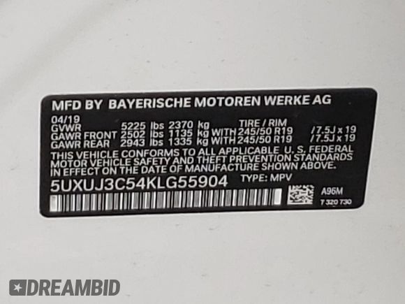 2019 BMW X4 xDrive30i with VIN 5UXUJ3C54KLG55904, listed as a Copart auction lot 55560583 with 64,509 mi miles. Bid and sale history available at carsss.com. Image 12.