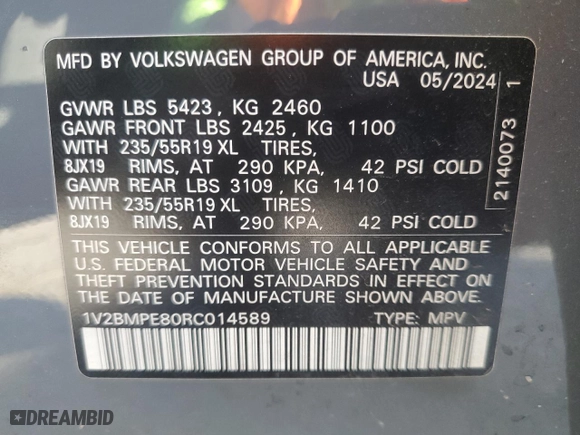 2024 Volkswagen ID.4 Standard with VIN 1V2BMPE80RC014589, listed as a Copart auction lot 73025854 with NaN miles and Salvage Title. Bid and sale history available at carsss.com. Image 14.