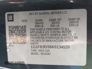 2019 Chevrolet Camaro 1LT with VIN 1G1FB3DS6K0134539, listed as a IAAI auction lot 42646844 with 55,275 mi miles and . Bid and sale history available at DreamBid. Image 9.