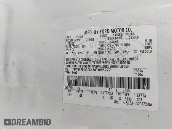 2010 Ford Ranger XL with VIN 1FTKR1ADXAPA66277, listed as a IAAI auction lot 41845074 with 120,071 mi miles and . Bid and sale history available at DreamBid. Image 9.