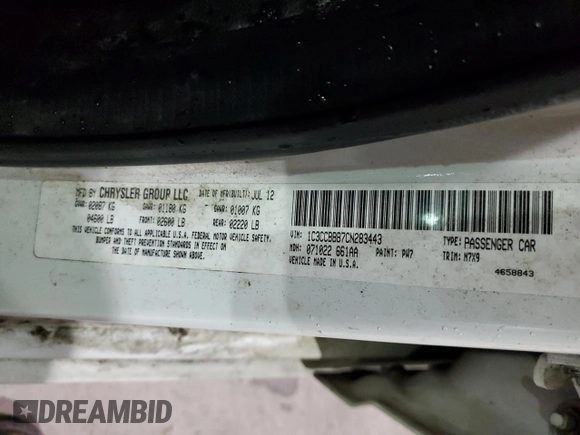 2012 Chrysler 200 Touring with VIN 1C3CCBBB7CN283443, listed as a Copart auction lot 84429554 with 175,444 mi miles and Non Repairable. Bid and sale history available at DreamBid. Image 13.
