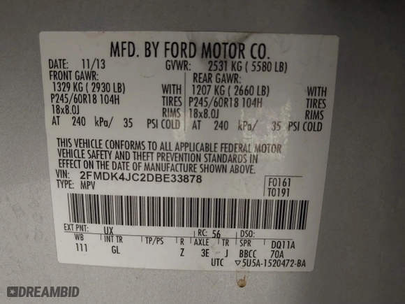 2013 Ford Edge SEL with VIN 2FMDK4JC2DBE33878, listed as a IAAI auction lot 41597848 with 216,761 mi miles. Bid and sale history available at carsss.com. Image 9.