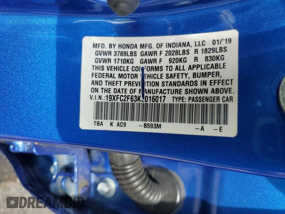 2019 Honda Civic LX with VIN 19XFC2F63KE016017, listed as a Copart auction lot 50440945 with 122,073 mi miles and Salvage Title. Bid and sale history available at DreamBid. Image 12.