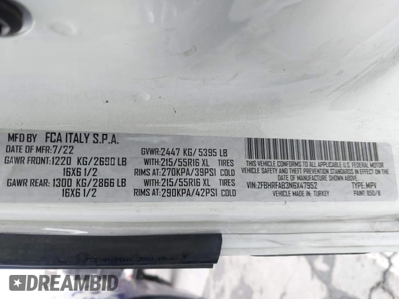 2022 Ram ProMaster City Cargo Tradesman с VIN ZFBHRFAB3N6X47952, выставлен на аукционе IAAI как лот 42416664 с пробегом 67 714 миль миль и . История ставок и продаж доступна на DreamBid. Изображение 9.