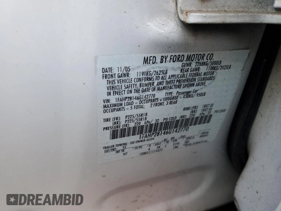 2006 Ford Five Hundred Limited with VIN 1FAHP28146G142770, listed as a Copart auction lot 87352874 with 101,925 mi miles and Salvage Title. Bid and sale history available at carsss.com. Image 12.