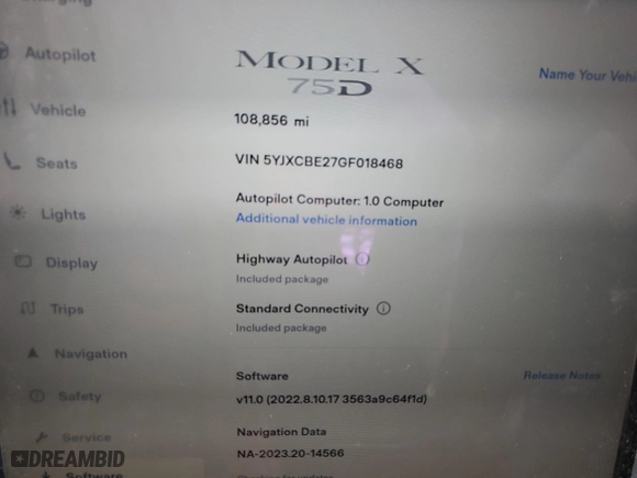 2016 Tesla Model X 70D with VIN 5YJXCBE27GF018468, listed as a Copart auction lot 78384424 with 108,856 mi miles and Non Repairable. Bid and sale history available at carsss.com. Image 9.
