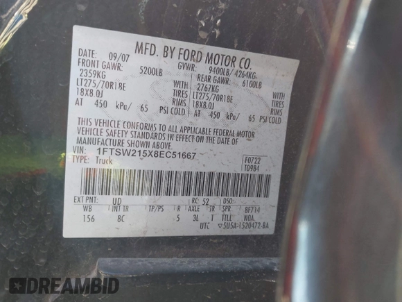 2008 Ford F-250 XL with VIN 1FTSW215X8EC51667, listed as a IAAI auction lot 41621850 with 231,325 mi miles and . Bid and sale history available at DreamBid. Image 9.