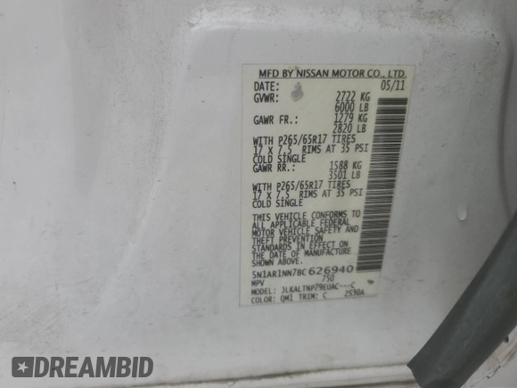 2011 Nissan Pathfinder S with VIN 5N1AR1NN7BC626940, listed as a Copart auction lot 61307765 with 111,525 mi miles and Salvage title. Bid and sale history available at DreamBid. Image 13.