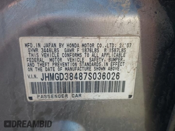 2007 Honda Fit with VIN JHMGD38487S036026, listed as a Copart auction lot 67660424 with 196,121 mi miles and Salvage Title. Bid and sale history available at carsss.com. Image 12.