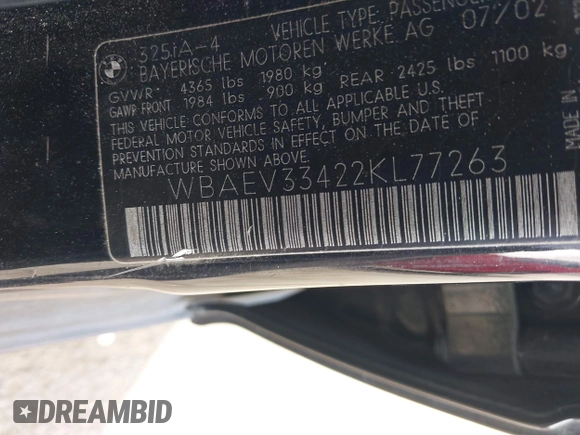 2002 BMW 3 Series 325i with VIN WBAEV33422KL77263, listed as a IAAI auction lot 42160192 with 240,893 mi miles and . Bid and sale history available at DreamBid. Image 9.