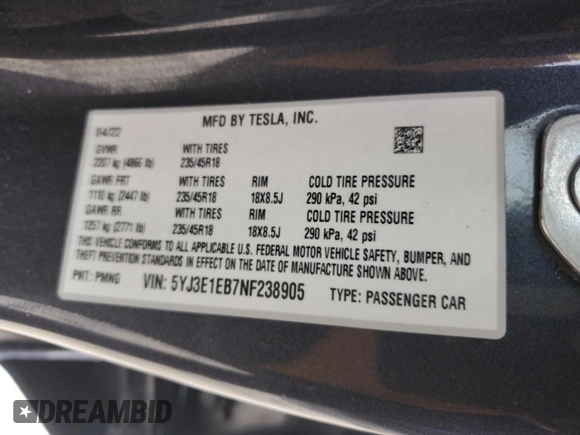 2022 Tesla Model 3 Long Range z VIN 5YJ3E1EB7NF238905, wystawiony jako Copart lot #53362045 z przebiegiem 52 002 mil mil oraz Szkoda całkowita • Salvage title. Historia ofert i sprzedaży dostępna na DreamBid. Obrazek 12.