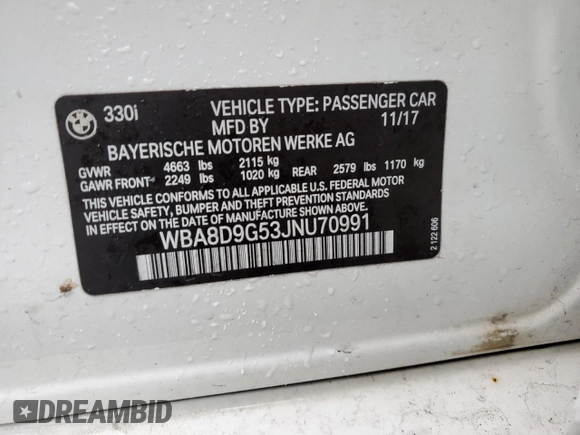 2018 BMW 3 Series 330i xDrive с VIN WBA8D9G53JNU70991, выставлен на аукционе Copart как лот 39904884 с пробегом Не указан миль и Списание • Salvage title. История ставок и продаж доступна на DreamBid. Изображение 12.